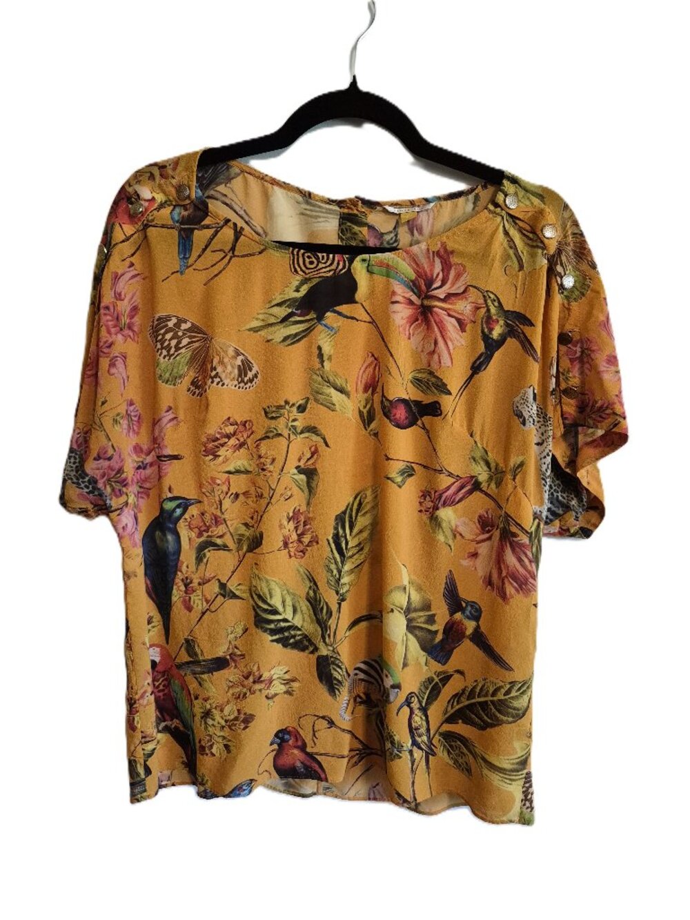 Anthropologie Leifsdottir Floral Bird Print Gold Top Buttons Silk Stretch Size 8